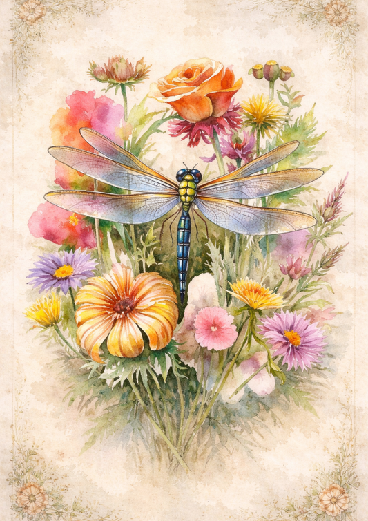 Rice Paper For Decoupage Dragonfly Over Flowers Full Cat. No. 8469