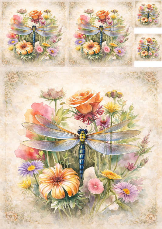 Rice Paper For Decoupage Dragonfly Over Flowers Collage Cat. No. 8470