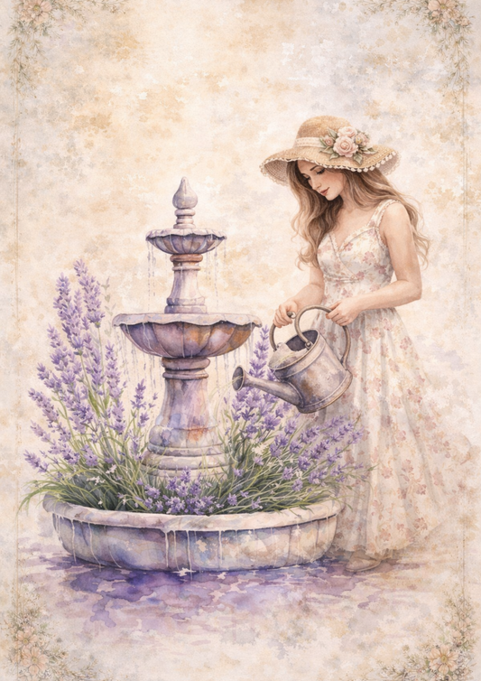 Rice Paper Decoupage Woman at the Lavender Fountain Full Cat. No. 8472