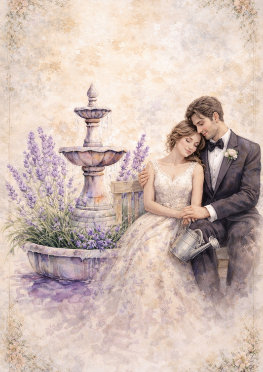 Rice Paper For Decoupage Couple in Love by the Lavender Fountain Full Cat. No. 8474