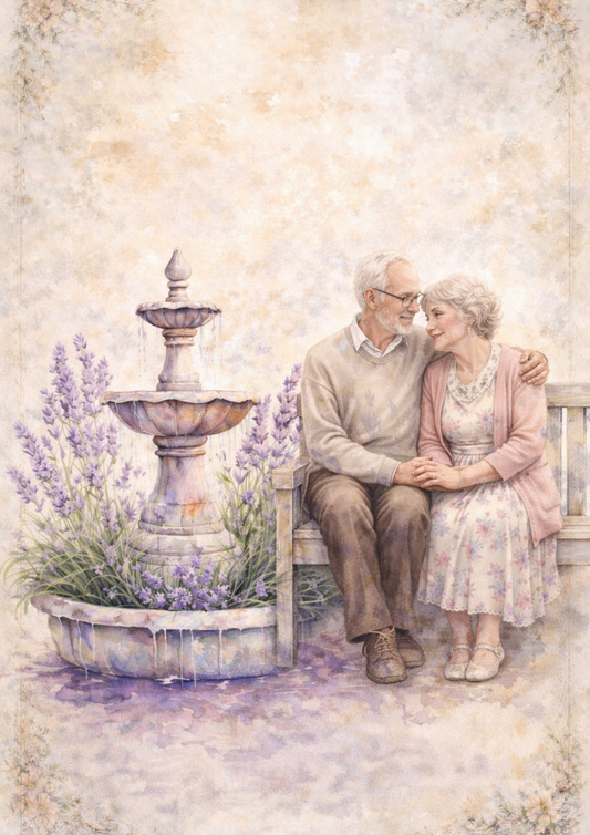 Rice Paper Decoupage Mature Couple at the Lavender Fountain Full Cat. No. 8476