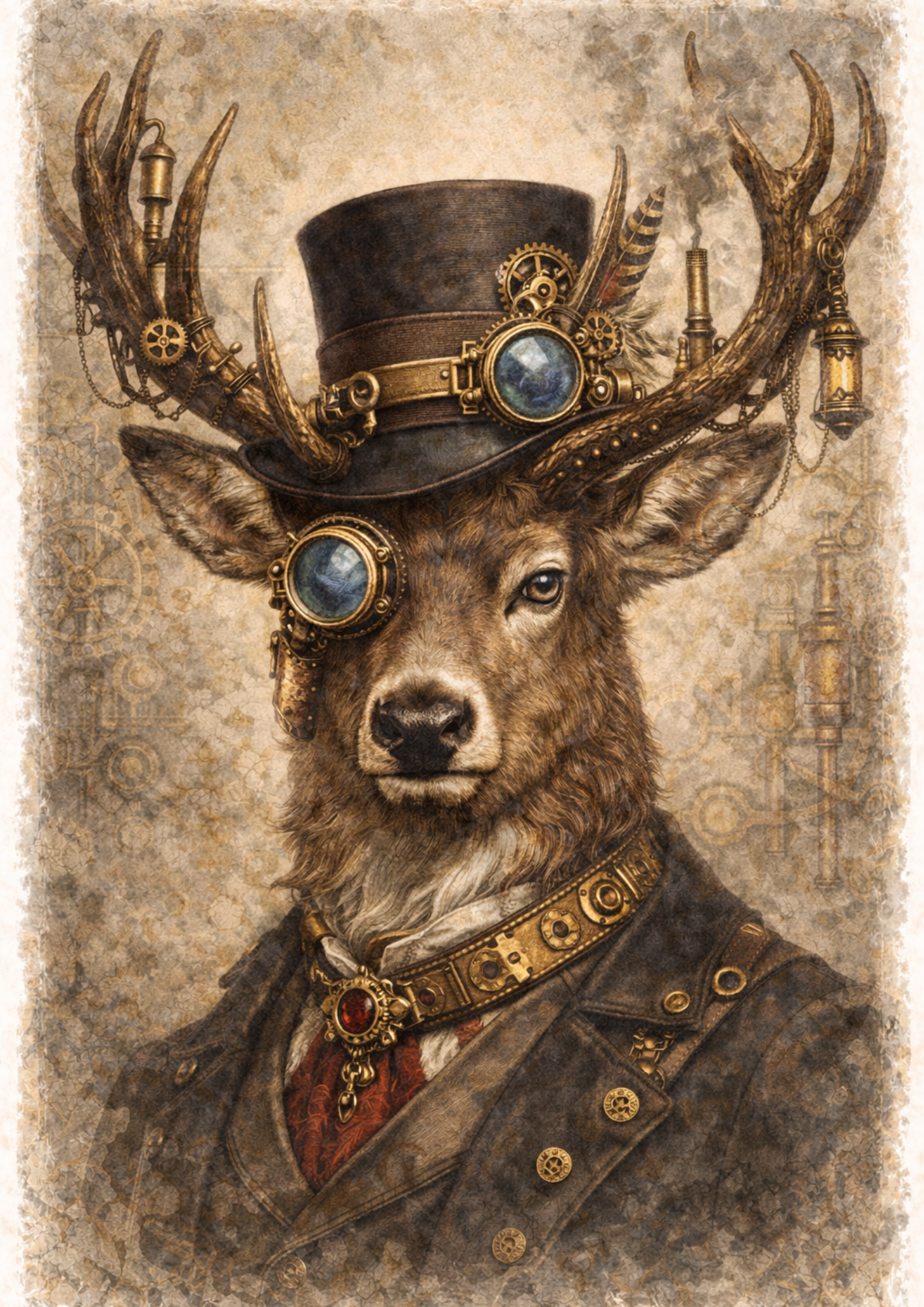 Rice Paper For Decoupage Deer in a Hat Steampunk Style Full Cat. No. 8496
