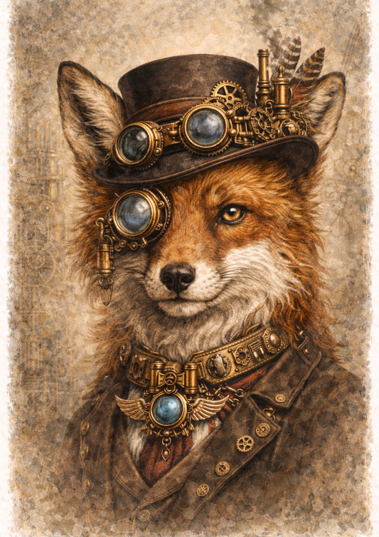 Rice Paper Decoupage Fox in a Hat Steampunk Style Full Cat. No. 8498