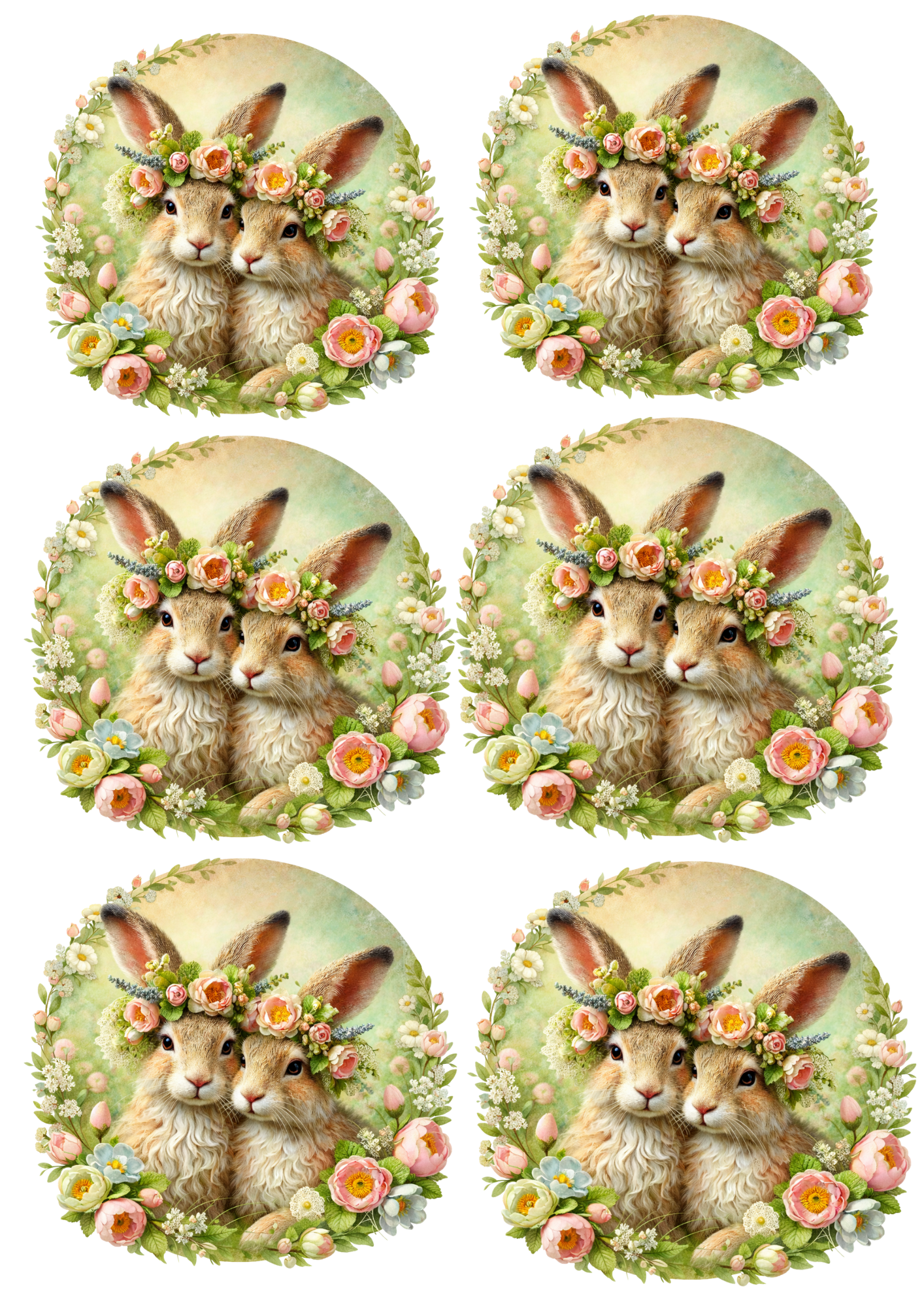 Rice Paper For Decoupage A Pair of Bunnies in a Wreath Collage Cat. No. 8510