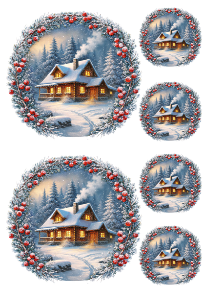 Rice Paper For Decoupage Winter Cottage Collage Cat. No. 8524