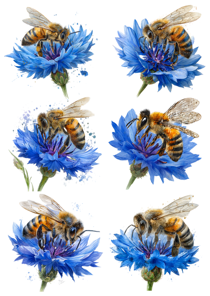 Rice Paper for Decoupage Bee on Blue Flower Collage Cat. No. 8532