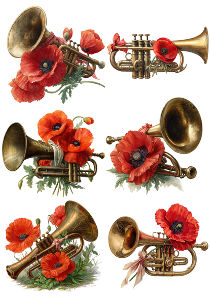 Rice Paper For Decoupage Trumpet and Poppies Collage Cat. No. 8536