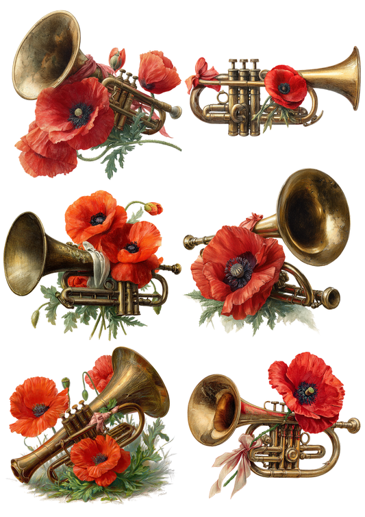 Rice Paper For Decoupage Trumpet and Poppies Collage Cat. No. 8536