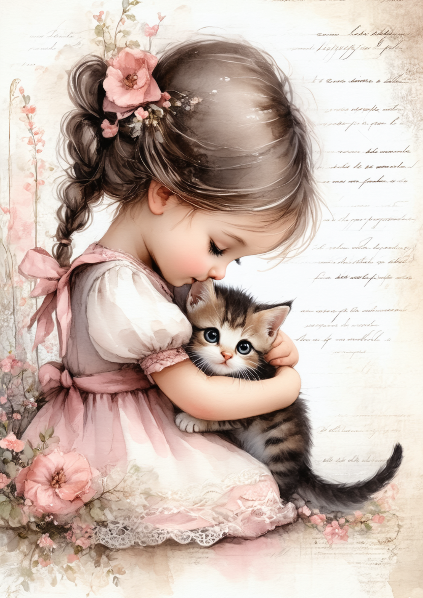 Rice Paper For Decoupage Girl With Kitten Full Cat. No. 8555