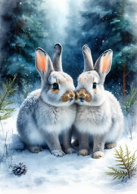 Rice Paper For Decoupage A Pair of Rabbits in the Snow Cat. No. 8582