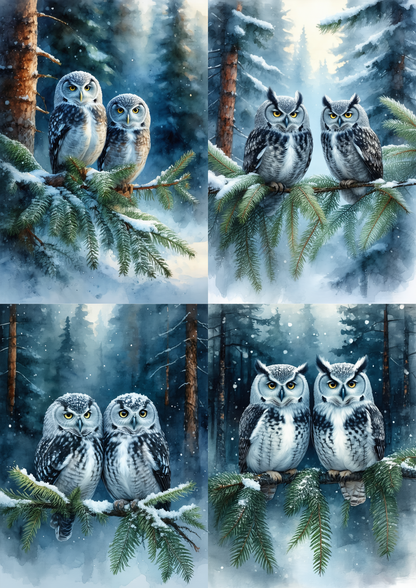 Rice Paper For Decoupage A Pair of Owls in the Snow Collage Cat. No. 8585
