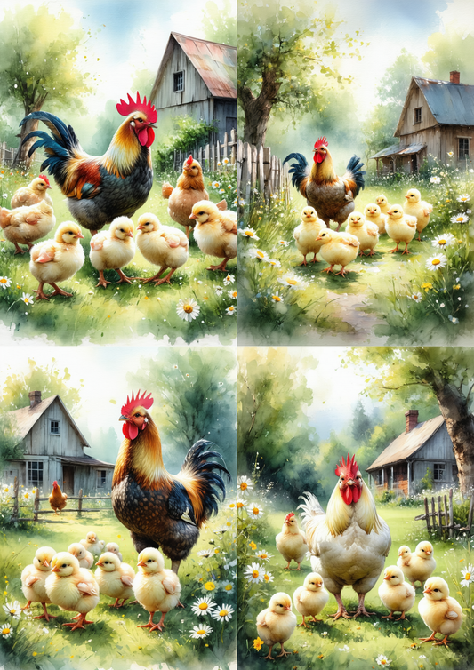 Rice Paper for Decoupage Rooster, Hen and Chickens Collage Cat. No. 8617