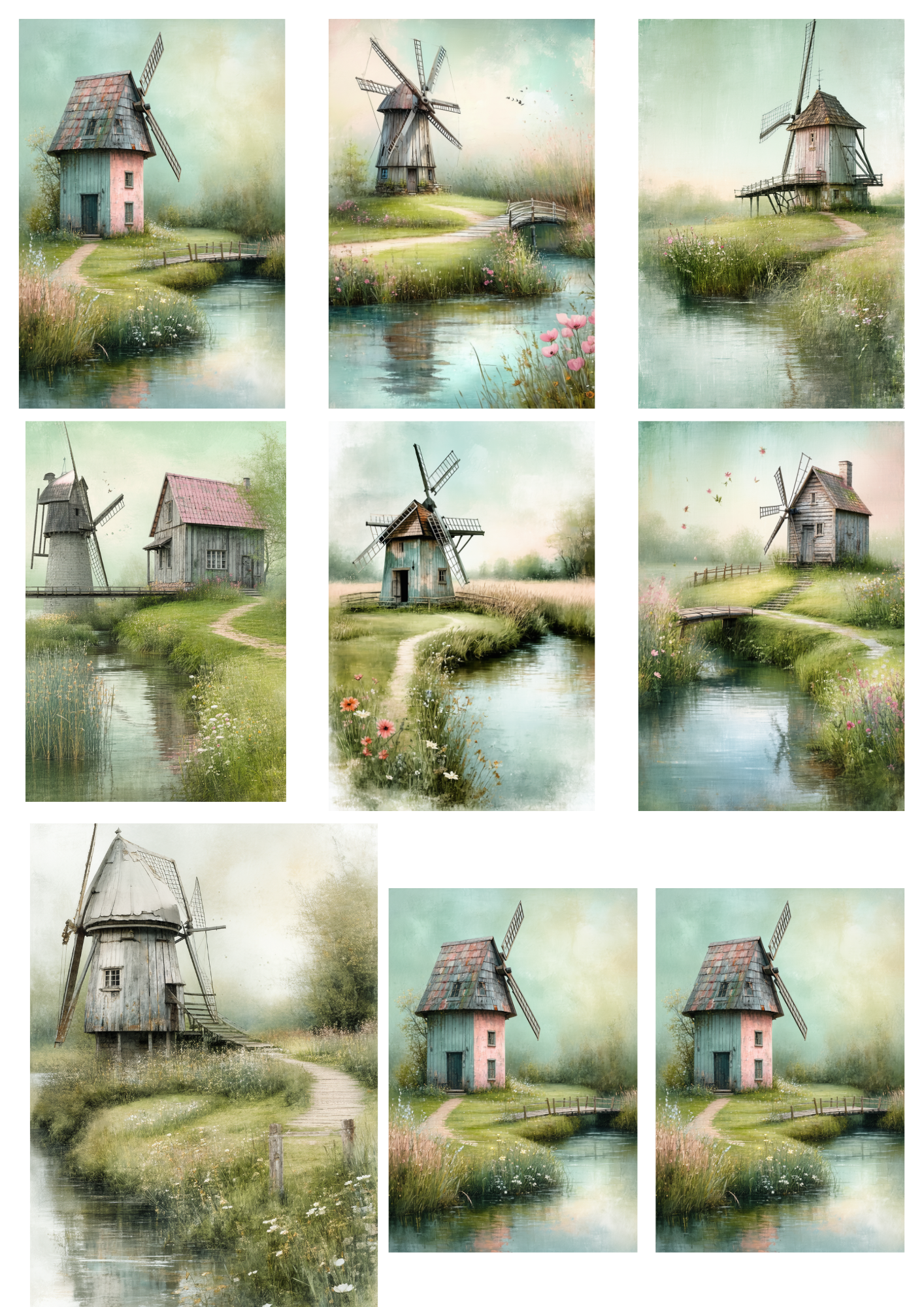 Rice Paper For Decoupage Old Windmill Landscape Collage Cat. No. 8651