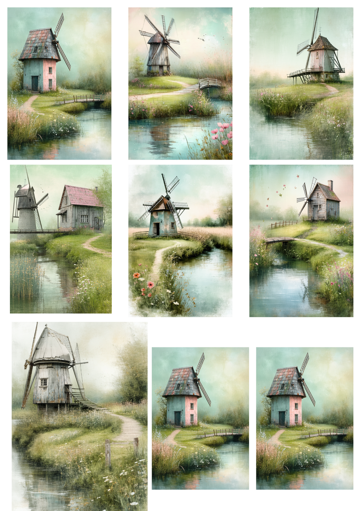 Rice Paper For Decoupage Old Windmill Landscape Collage Cat. No. 8651