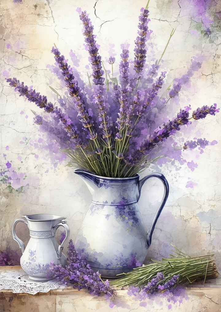 Rice Paper For Decoupage Jug with Lavender Flowers Full Cat. No. 8667