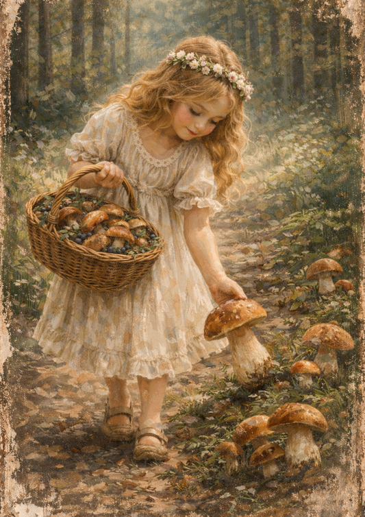 Rice Paper For Decoupage  Girl with Basket of Mushrooms Full Cat. No. 8747