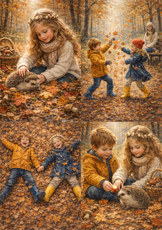 Rice Paper For Decoupage Children Plytime in the Autumn Forest Collage Cat. No. 8753