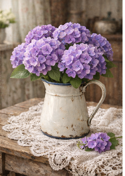 Rice Paper For Decoupage Hydrangeas in Enemal Jug Full Cat. No. 8779