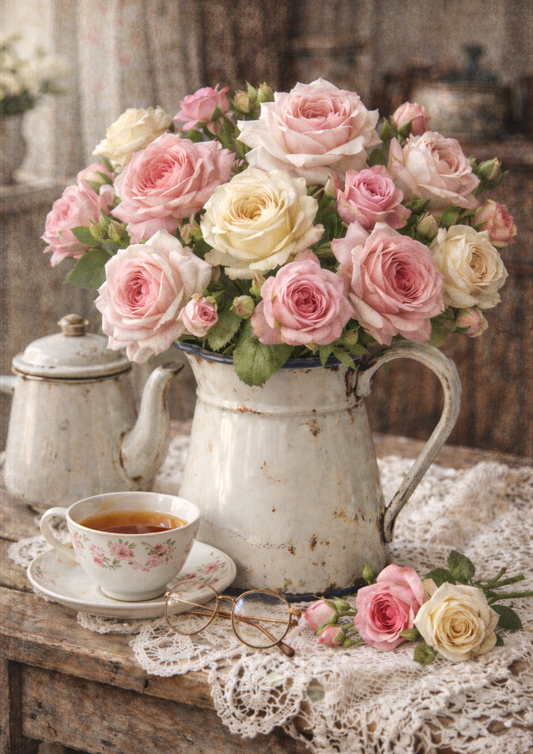 Rice Paper For Decoupage Vintage Pink Roses in Enemal Jug Full Cat. No. 8782