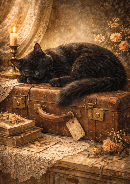 Rice Paper For Decoupage Black Cat on Suitcase Full Cat. No. 8793