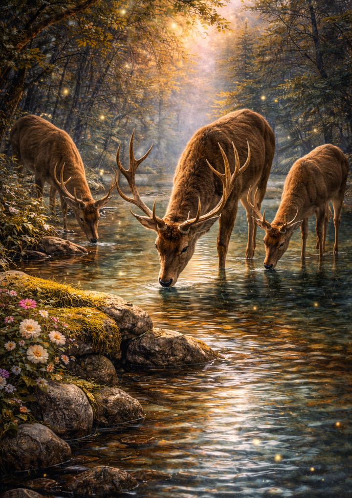 Rice Paper For Decoupage  Deer Family in the Forest Scene Collage Cat. No. 8800