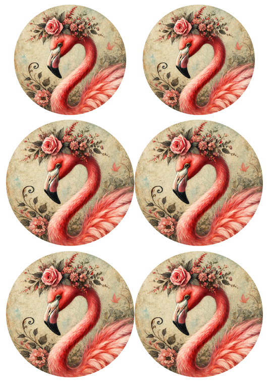 Rice Paper For Decoupage  Pink Flamingo in Circles Collage Cat. No. 8802