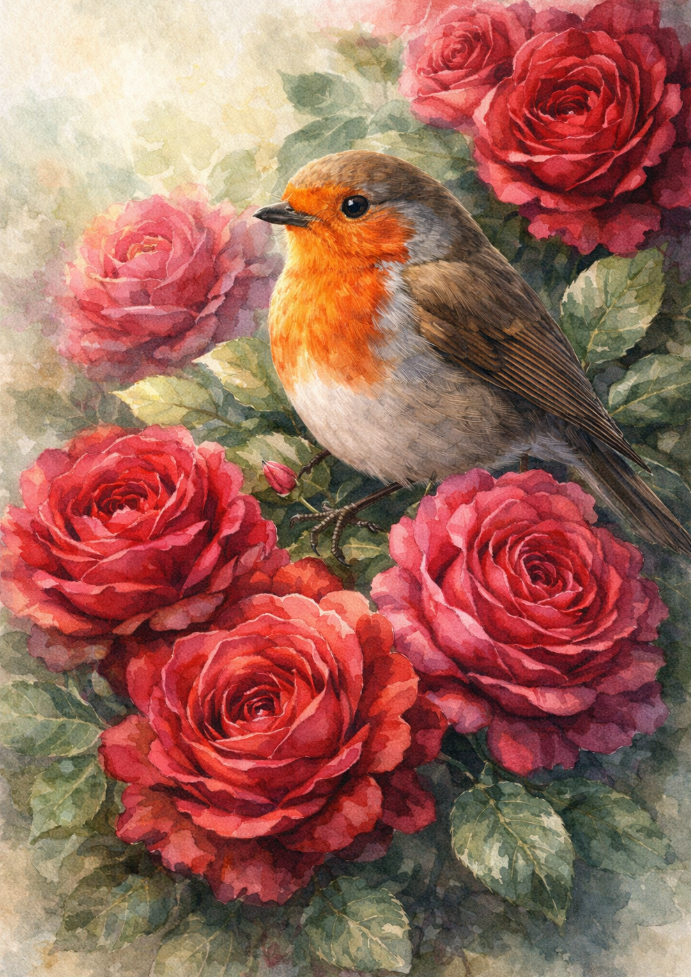Rice Paper For Decoupage Red Robin in Roses Full Cat. No. 8815