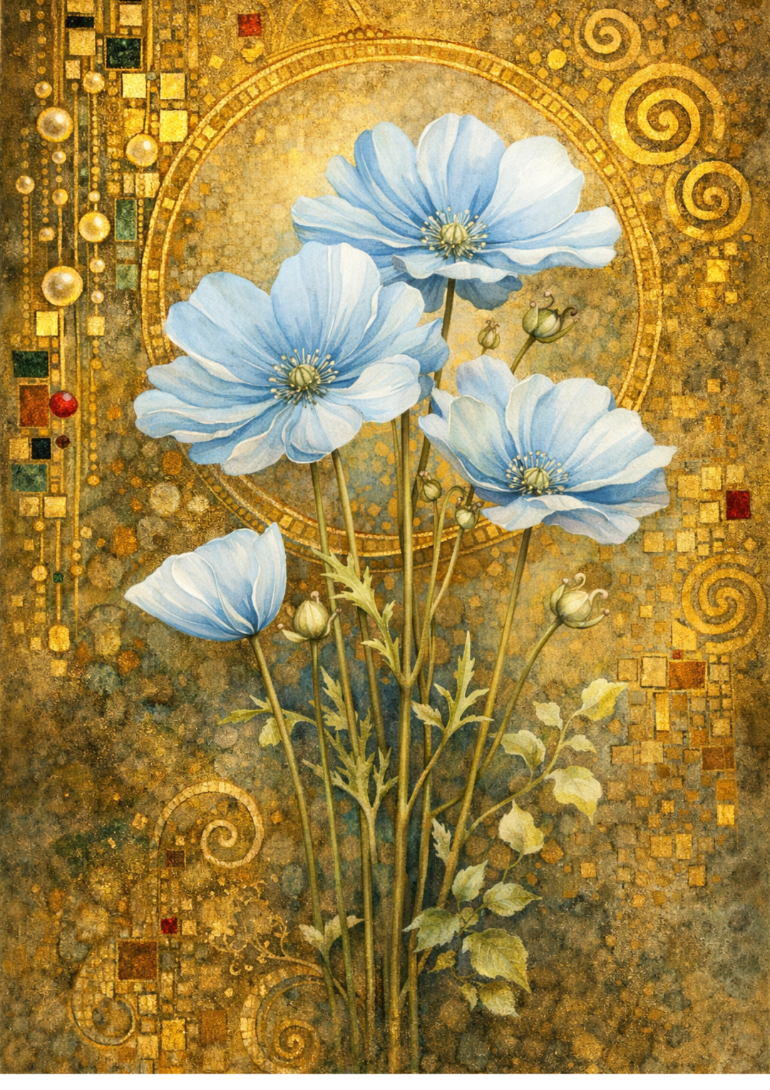Rice Paper For Decoupage Watercolor Blue Anemone Flowers in Klimt Style Full  Cat. No. 8826