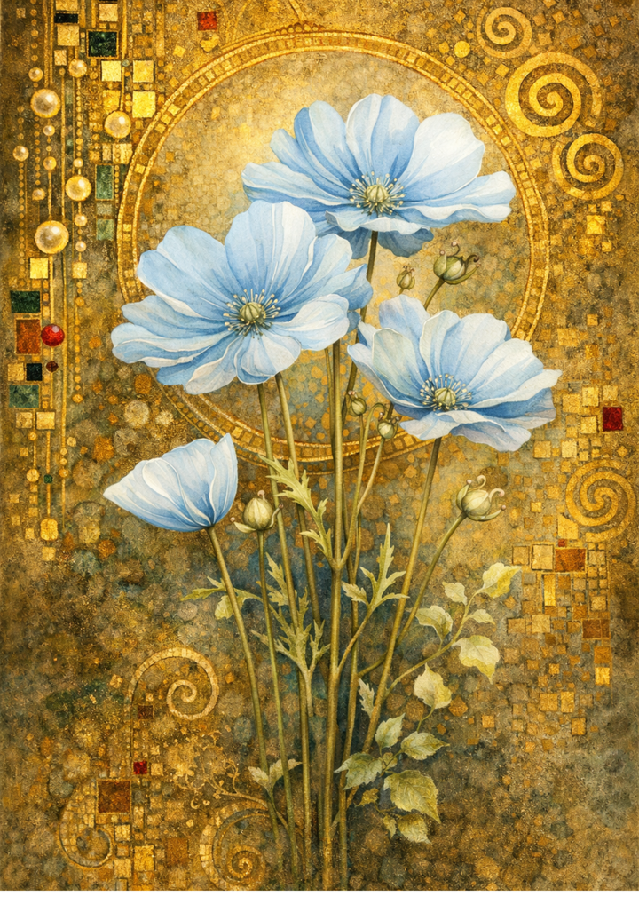 Rice Paper For Decoupage Watercolor Blue Anemone Flowers in Klimt Style Full  Cat. No. 8826