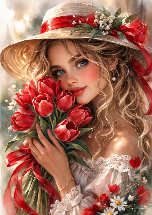Rice Paper For Decoupage Beautiful Girl Holding Tulips Full  Cat. No. 8833