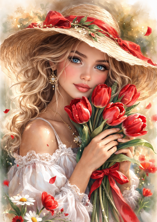 Rice Paper For Decoupage Beautiful Girl Holding Tulips Full  Cat. No. 8834