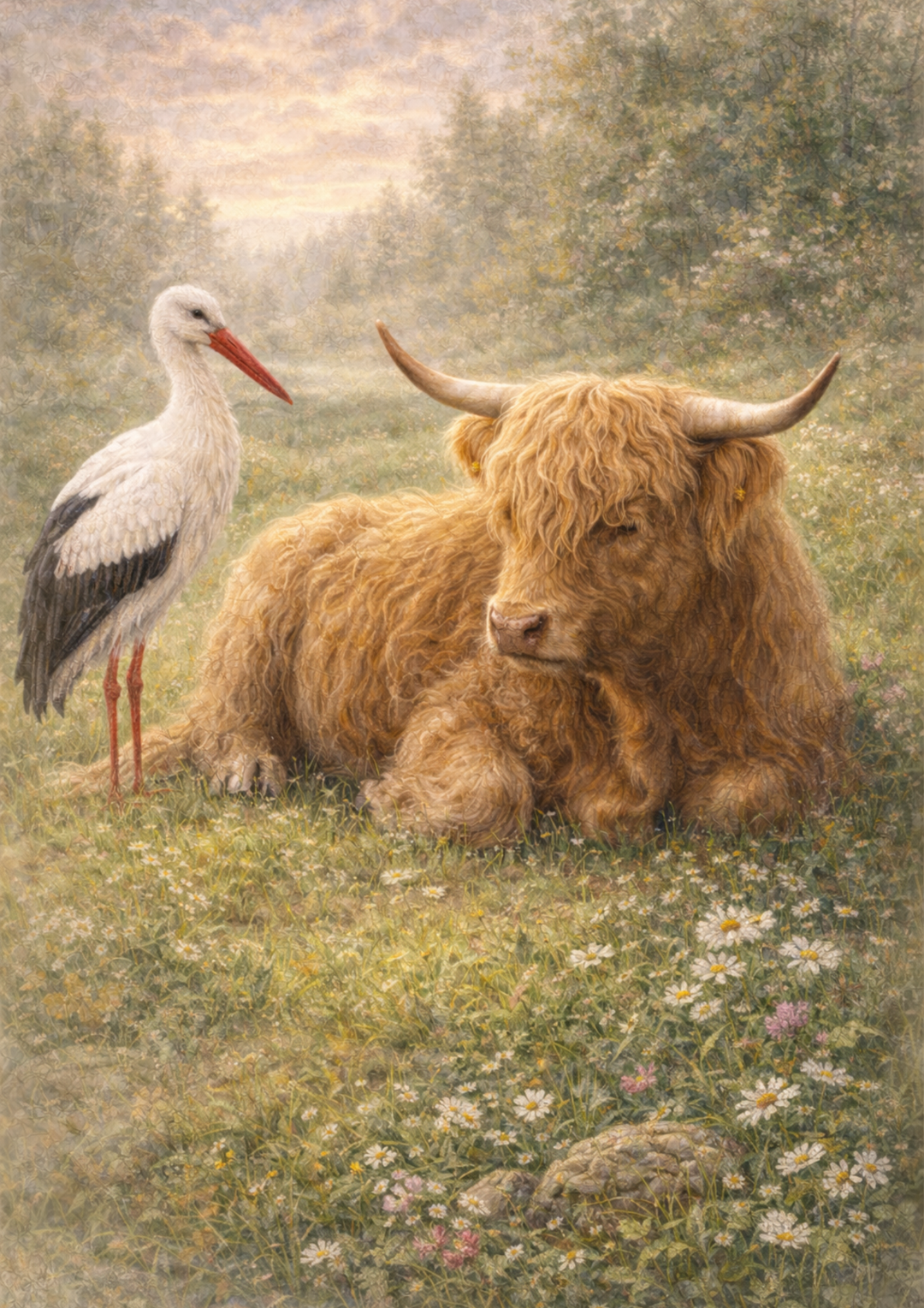 Rice Paper For Decoupage Highland Cow &amp; Stork Scene Full  Cat. No. 8881