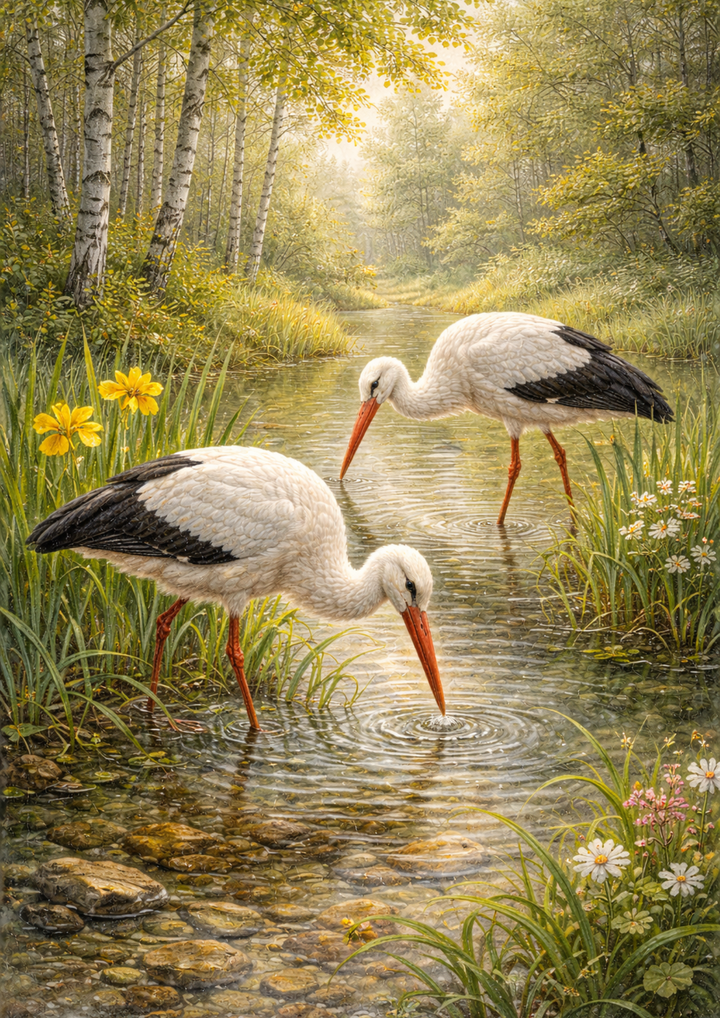 Rice Paper For Decoupage Storks in Nature Scene Collage  Cat. No. 8885