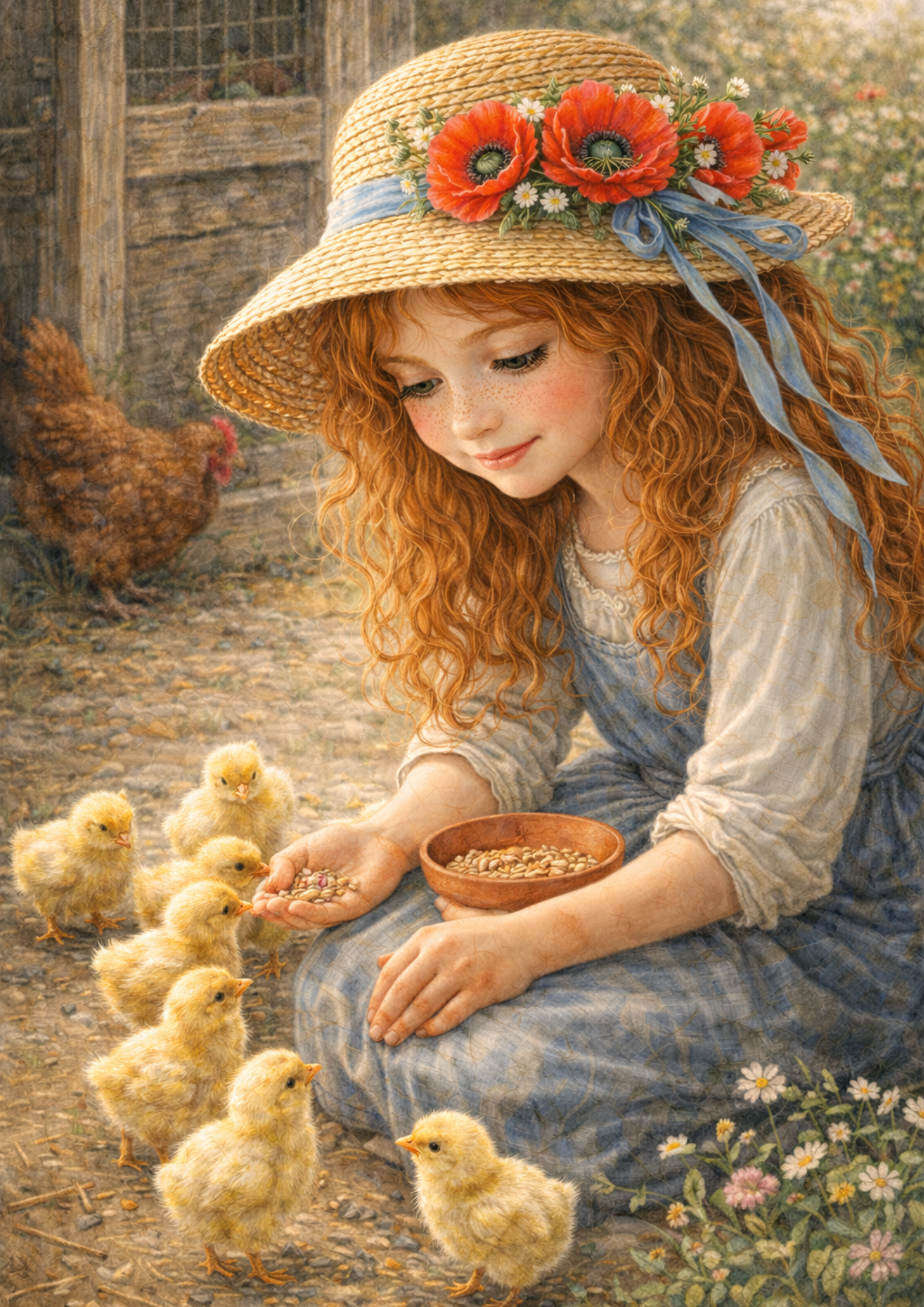 Rice Paper For Decoupage Girl Feeding Chicks Scene Full Cat. No. 8896