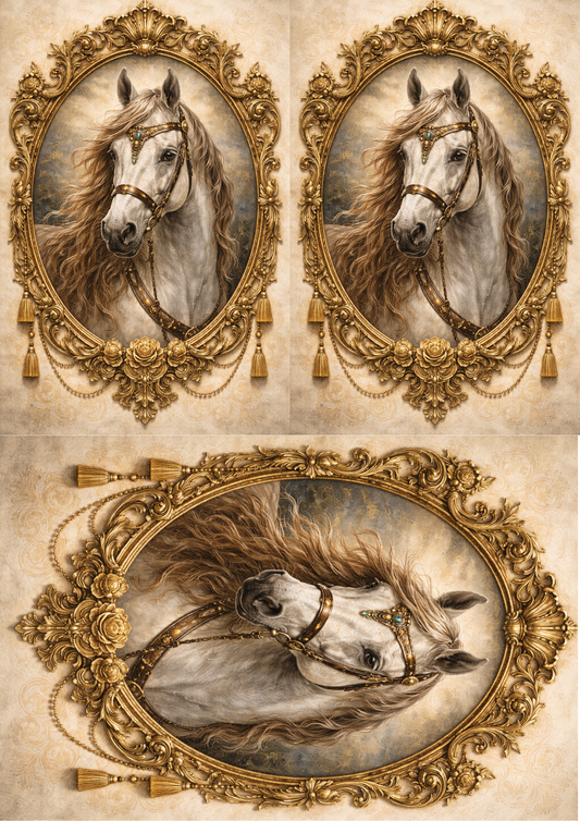 Rice Paper For Decoupage  Beautiful Horse in the Frame  Collage Cat. No. 8912
