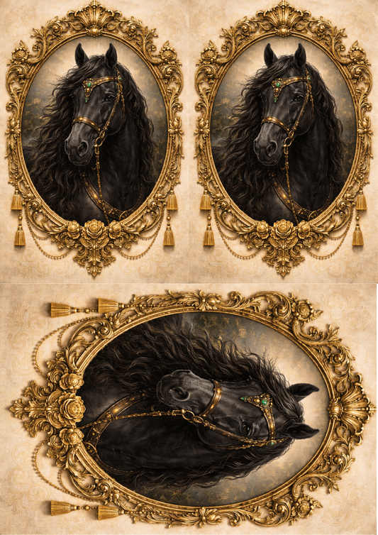 Rice Paper For Decoupage  Beautiful Horse in the Frame Collage Cat. No. 8914