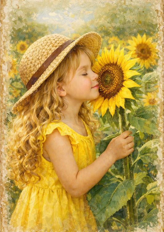 Rice Paper For Decoupage Cute Girl & Sunflowers Full Cat. No. 8915