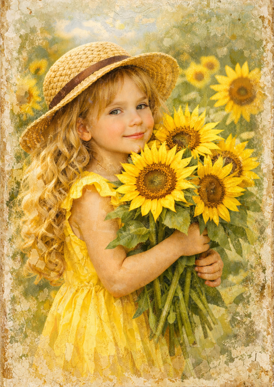 Rice Paper For Decoupage Cute Girl & Sunflowers Full Cat. No. 8916
