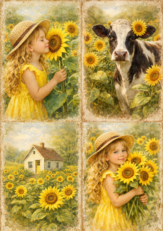 Rice Paper For Decoupage Old Cottage &  Sunflowers Collage Cat. No. 8919