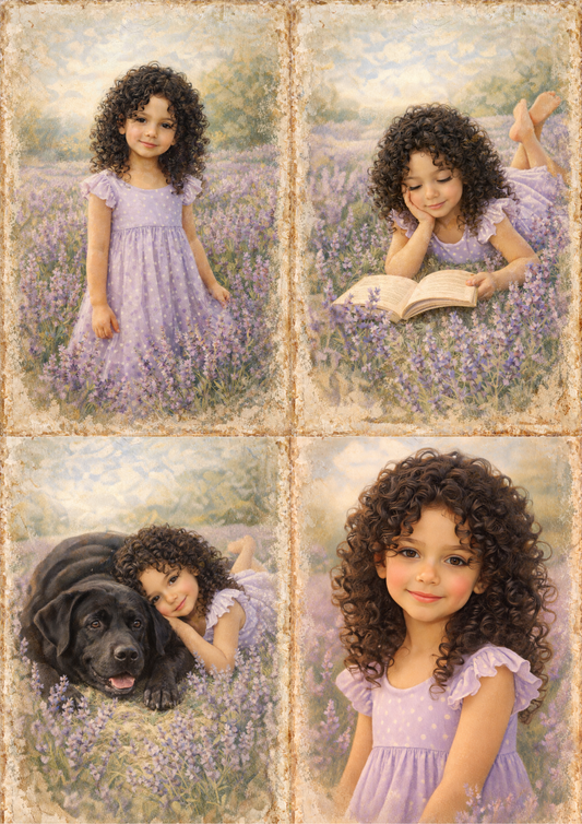 Rice Paper For Decoupage Girl & Lavender Field Collage Cat. No. 8924