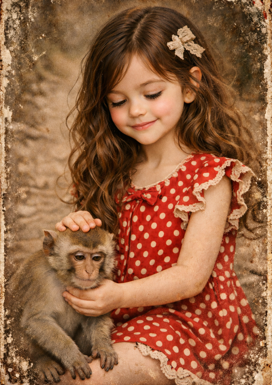 Rice Paper For Decoupage Girl with Little Monkey Full Cat. No. 8933