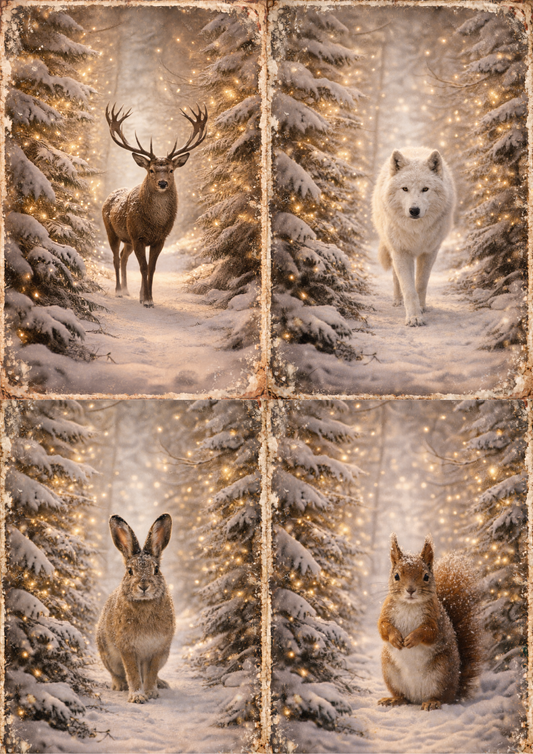 Rice Paper For Decoupage Animals in Frosty Forest Collage Cat. No. 8945