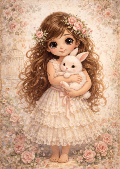 Rice Paper For Decoupage Girl with Cute Bunny Full Cat. No. 8993