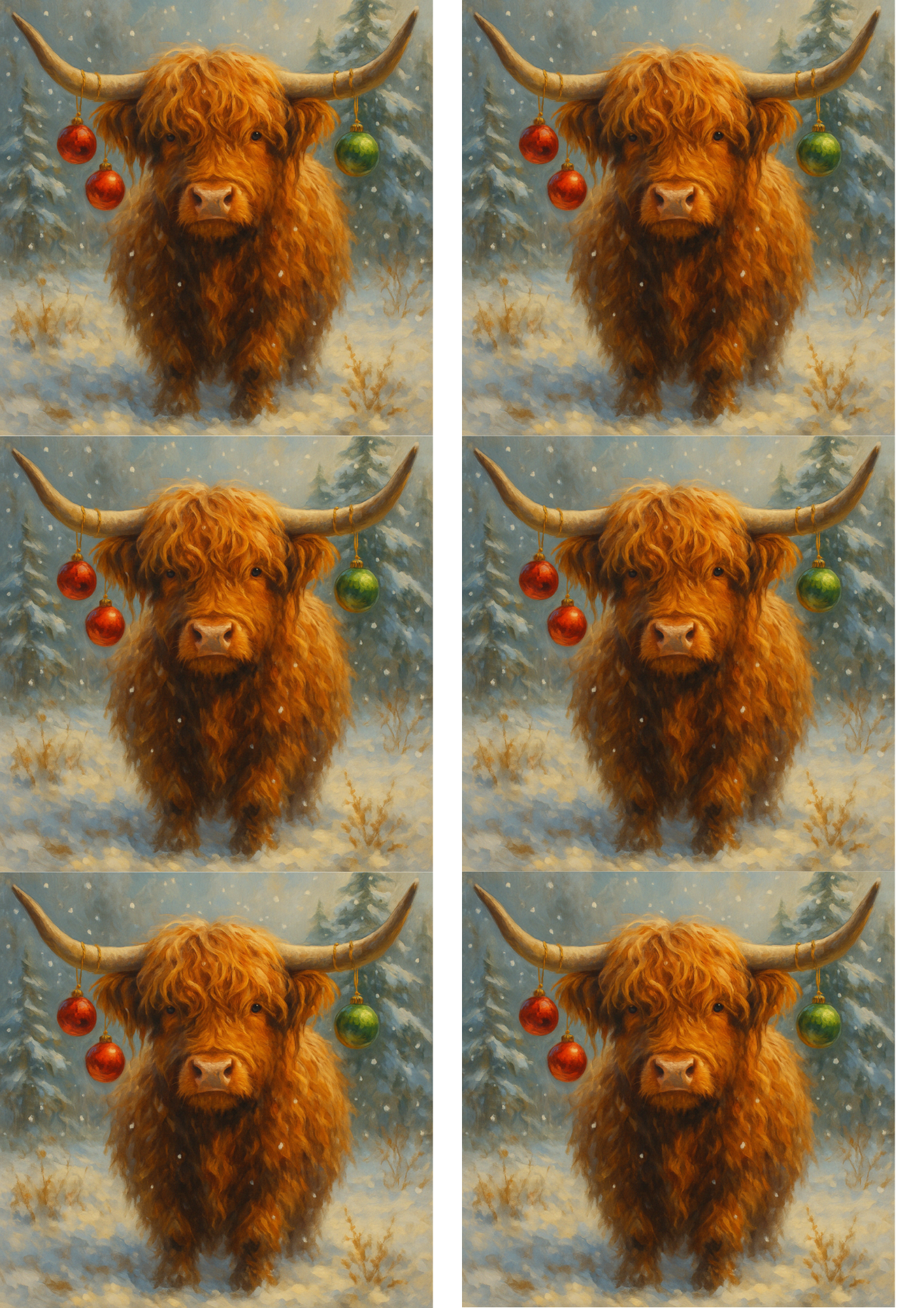 Rice Paper Decoupage Highland Cow with Christmas Tree Ornaments Collage Cat. No. 9004