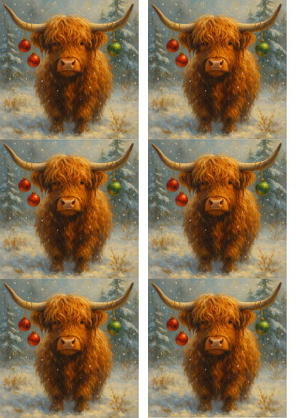Rice Paper Decoupage Highland Cow with Christmas Tree Ornaments Collage Cat. No. 9004