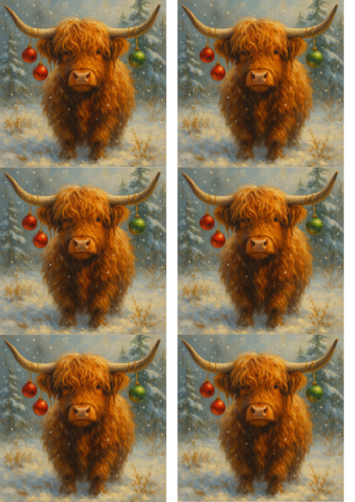 Rice Paper Decoupage Highland Cow with Christmas Tree Ornaments Collage Cat. No. 9004