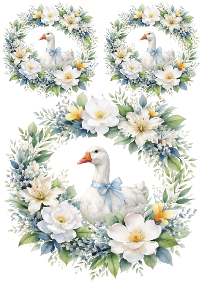 Rice Paper For Decoupage Goose in Spring Floral Wreath Collage Cat. No. 9007