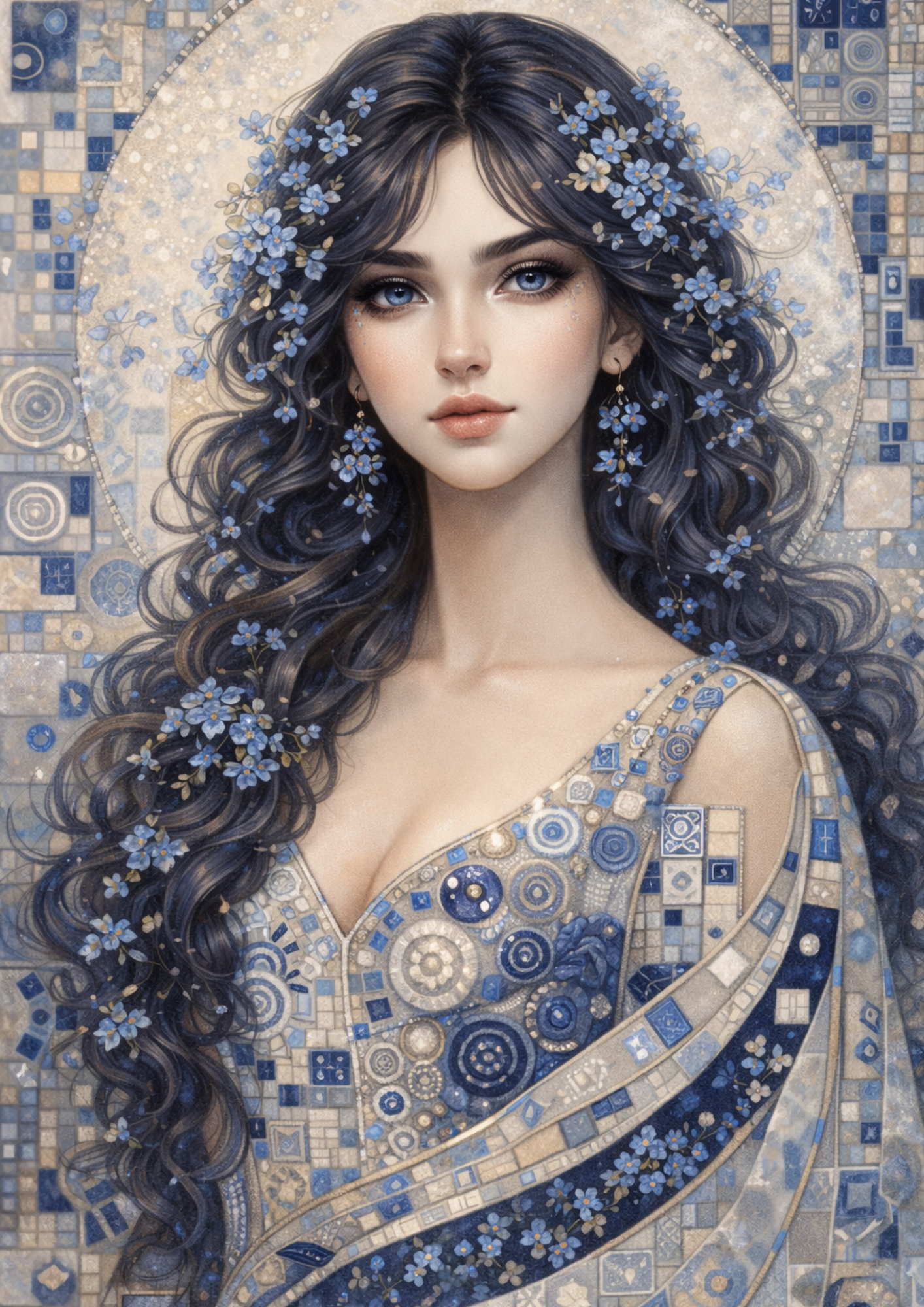 Rice Paper For Decoupage Beautiful Lady in Klimt Style Blue Portrait Full Cat. No. 9010