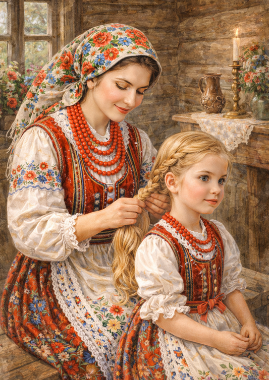 Rice Paper For Decoupage Country Housewife & Doughter in Traditional Krakow Folk Costume Full Cat. No.4041