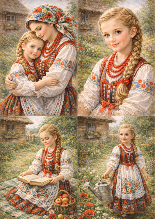 Rice Paper For Decoupage Country Mother & Doughter in Traditional Krakow Folk Costume Collage Cat. No.9047